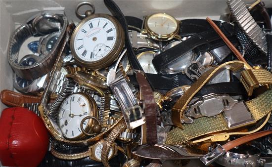 A large collection of assorted ladys and gentlemans wrist watches including Roamer, Rotary and Avia and two pocket watches.